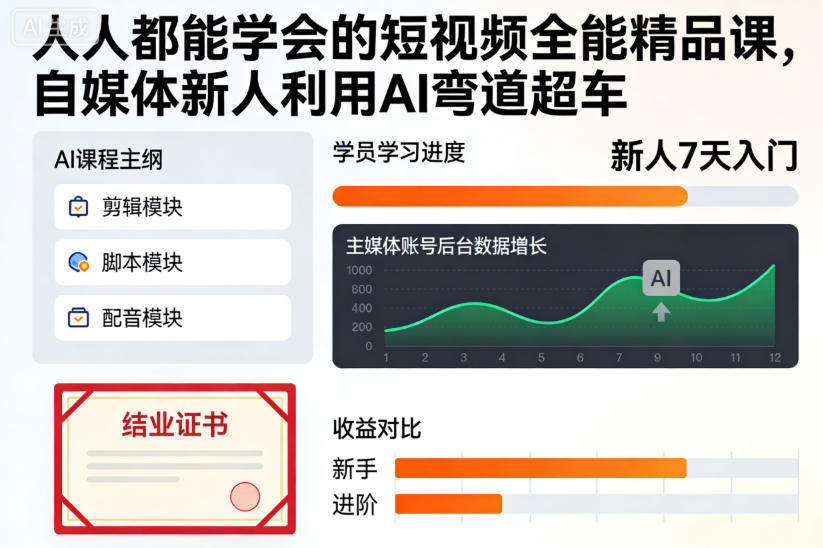 人人都能学会的短视频全能精品课，自媒体新人利用AI弯道超车-小二项目网