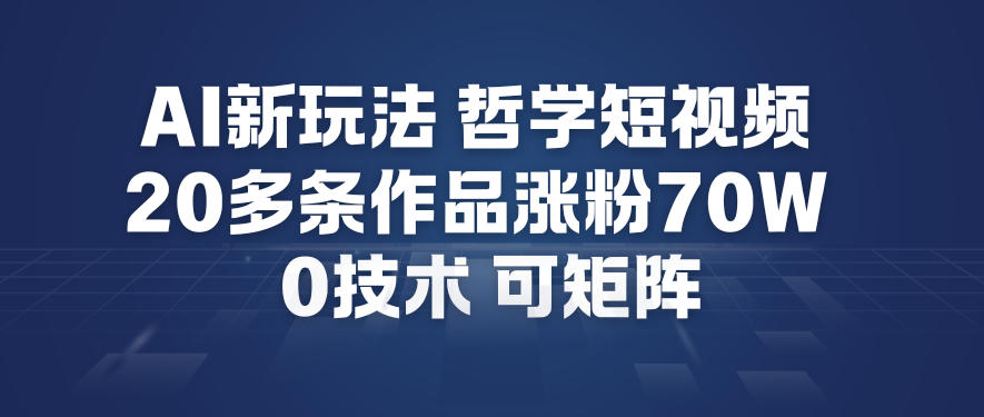 AI新玩法哲学短视频制作教学，20多条作品涨粉70W，0成本赛道，可矩阵-小二项目网