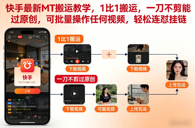 快手最新MT搬运教学,1比1搬运,一刀不剪能过原创,可批量操作任何视频,轻松连怼挂链-小二项目网