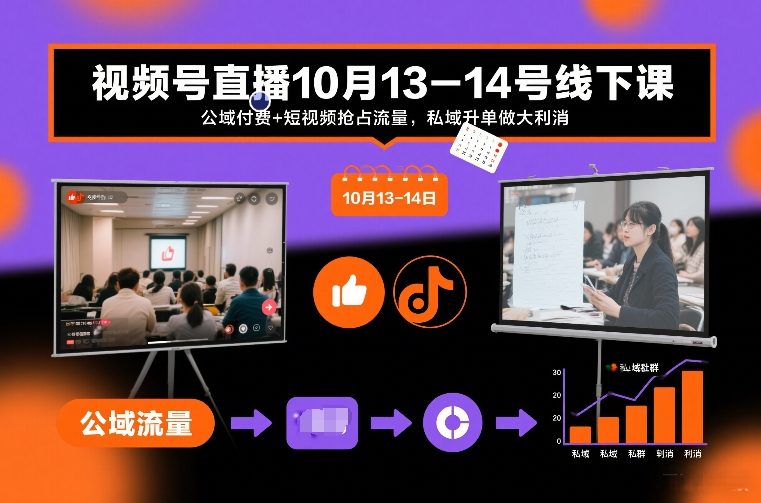 视频号直播10月13-14号线下课，公域付费+短视频抢占流量，私域升单做大利消-小二项目网