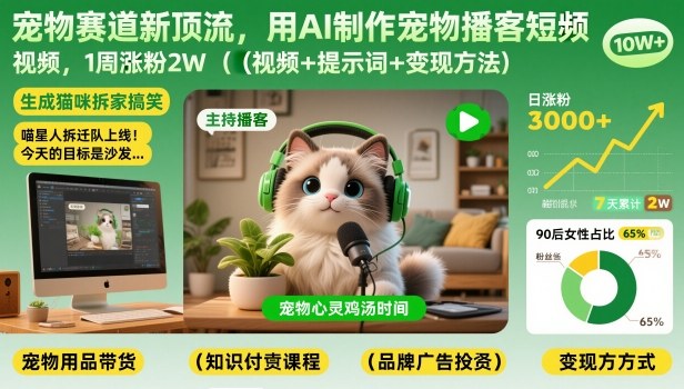 宠物赛道新顶流，用AI制作宠物播客短视频，1周涨粉2W（视频+提示词+变现方法）-小二项目网