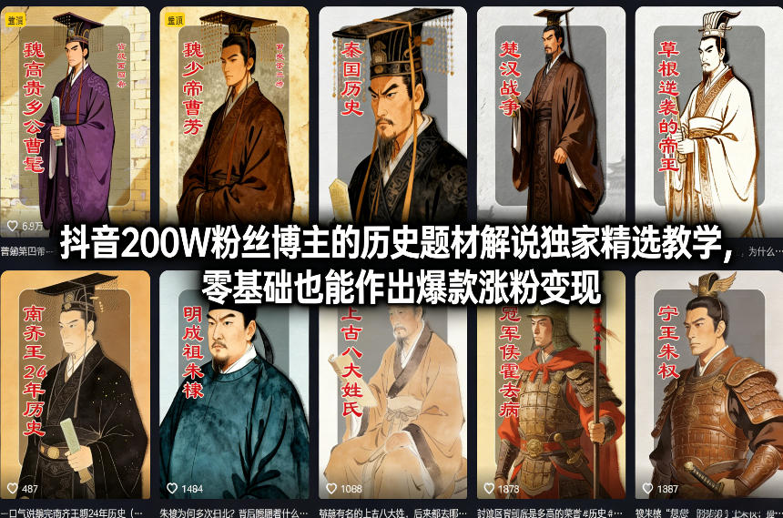 抖音200W粉丝博主的历史题材解说独家精选教学，零基础也能作出爆款涨粉变现-小二项目网