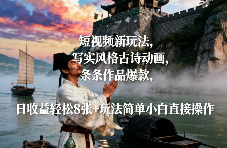 短视频新玩法，写实风格古诗动画，条条作品爆款，日收益轻松8张+玩法简单小白直接操作-小二项目网