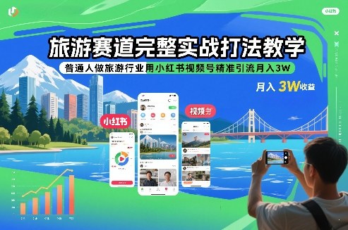 旅游赛道完整实战打法教学，普通人做旅游行业用小红书视频号精准引流月入3W-小二项目网