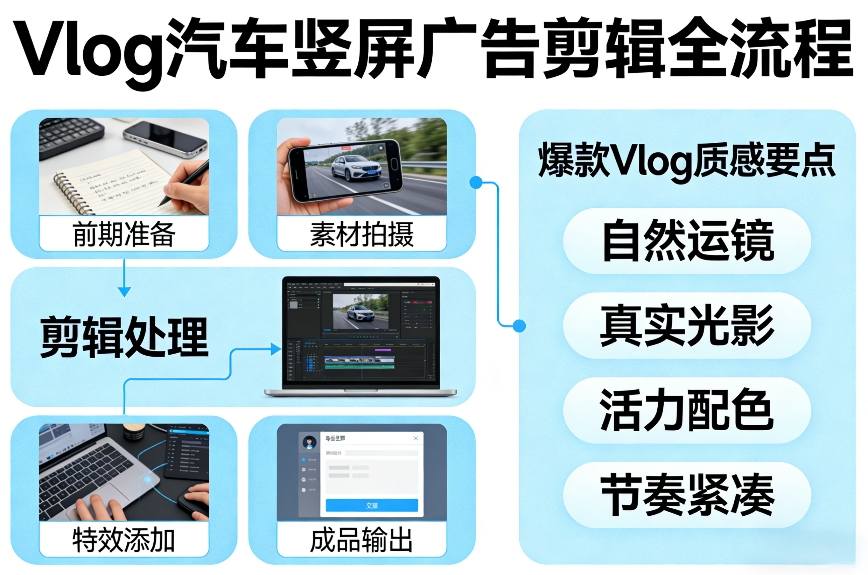 Vlog感觉汽车竖屏广告剪辑脚本全流程，拿捏爆款Vlog质感-小二项目网