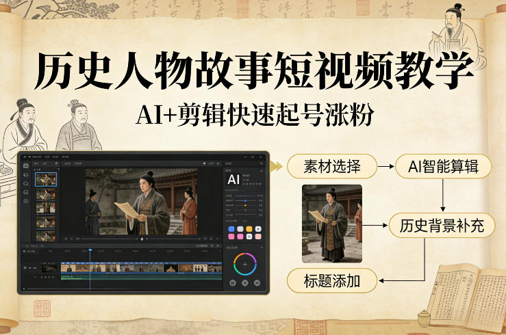 历史人物故事短视频教学，AI+剪辑制作历史人物题材短视频，快速起号涨粉-小二项目网