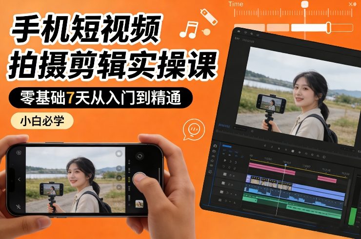 手机短视频拍摄剪辑实操课，零基础7天从入门到精通，小白必学-小二项目网