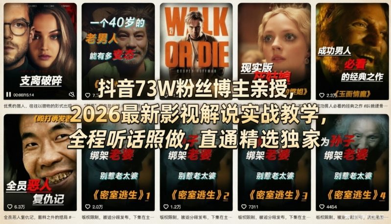 抖音73W粉丝博主亲授，2026最新影视解说实战教学，全程听话照做，直通精选独家-小二项目网