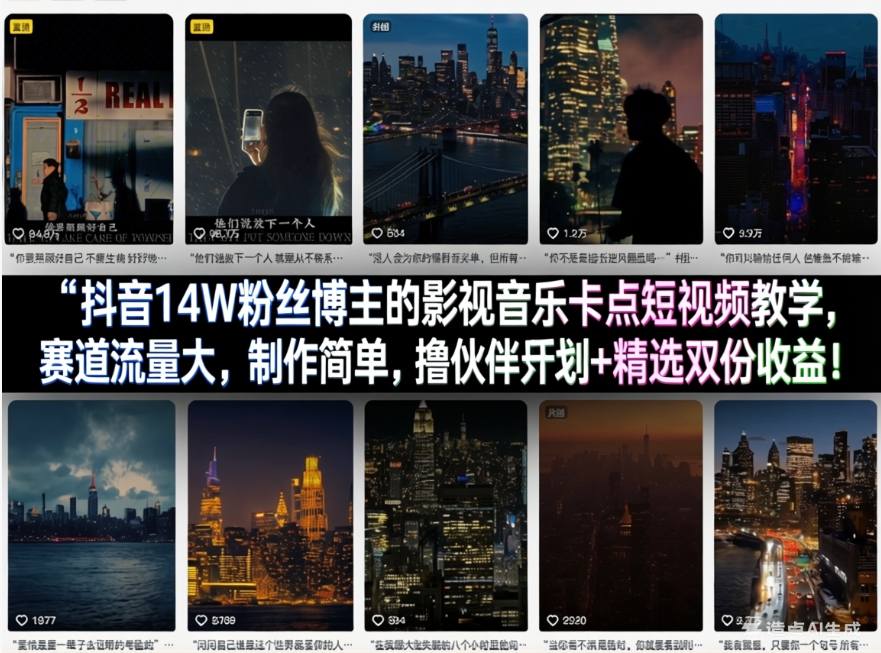 抖音14W粉丝博主的影视音乐卡点短视频教学，赛道流量大，制作简单，撸伙伴计划+精选双份收益！-小二项目网