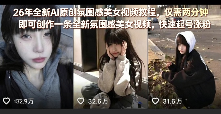26年全新AI原创氛围感美女视频教程，仅需两分钟即可创作一条全新氛围感美女视频，快速起号涨粉-小二项目网