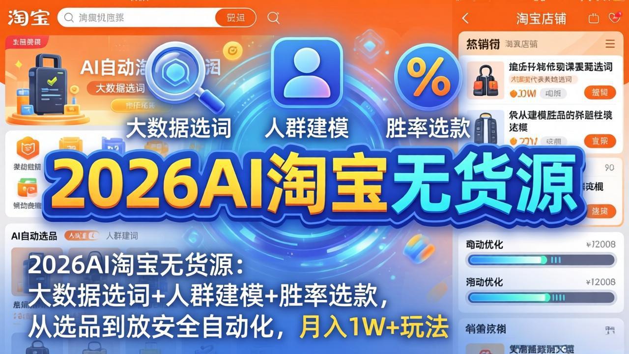 （17955期）2026AI淘宝无货源-4月更新：大数据选词+人群建模+胜率选款，从选品到放大全自动化，月入1W+玩法-小二项目网