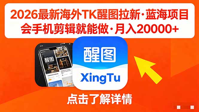 （18112期）26年最新海外Tk醒图拉新，蓝海项目，会手机剪辑就可以做，月入20000＋-小二项目网