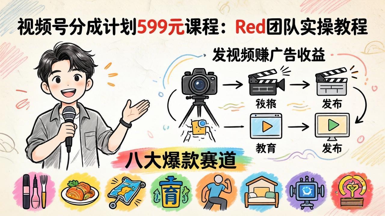 （18088期）视频号分成计划599元课程：Red团队实操教程，发视频赚广告收益，八大爆款赛道全掌握-小二项目网