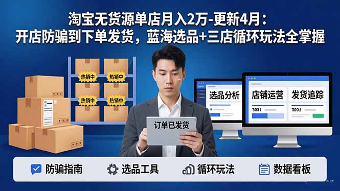 （17988期）淘宝无货源单店月入2万-更新4月：开店防骗到下单发货，蓝海选品+三店循环玩法全掌握-小二项目网