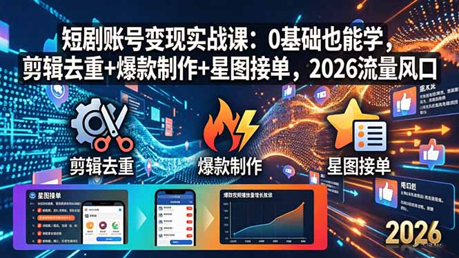 （18160期）短剧账号变现实战课：0基础也能学，剪辑去重+爆款制作+星图接单，2026流量风口-小二项目网