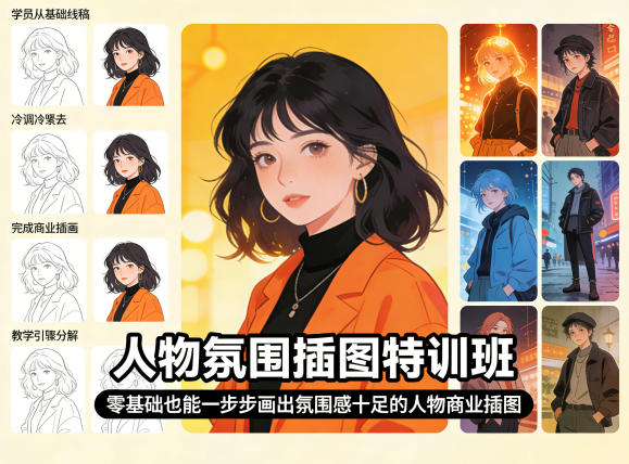 人物氛围插图特训班，零基础也能一步步画出氛围感十足的人物商业插图-小二项目网