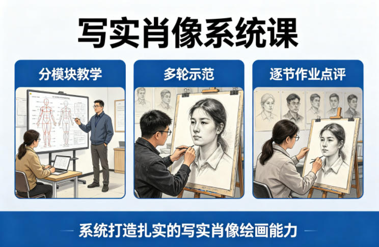 写实肖像系统课，全程分模块教学+多轮示范+逐节作业点评，系统打造扎实的写实肖像绘画能力-小二项目网