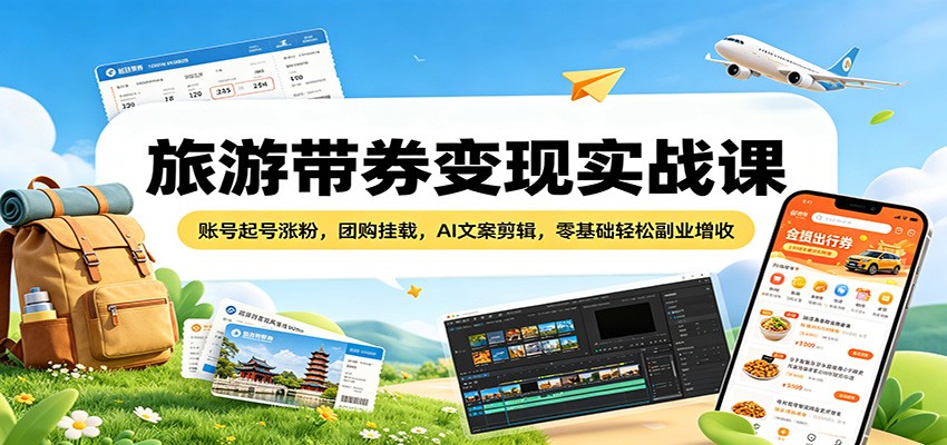 旅游带券变现实战课：账号起号涨粉，团购挂载，AI文案剪辑，零基础轻松副业增收-小二项目网