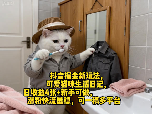 抖音掘金新玩法，可爱猫咪生活日记，日收益4张+新手可做，涨粉快流量稳，可一稿多平台-小二项目网