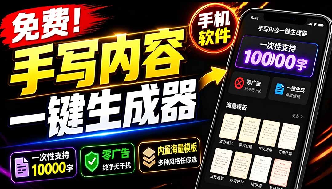（18667期）超逼真手写字体一键生成器，纯免费离线运行，一次性支持10000字，零广告，内置海量模板-小二项目网