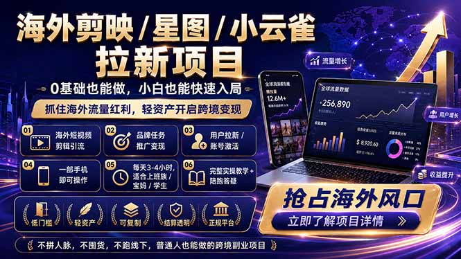 （18567期）海外剪映 / 星图 / 小云雀拉新项目 普通人也能上手的跨境流量变现副业-小二项目网
