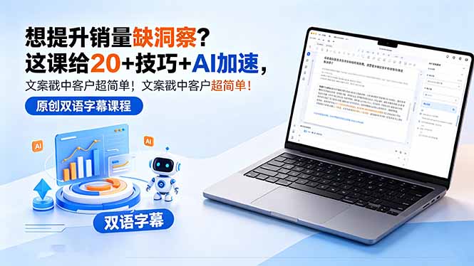 （18408期）想提升销量缺洞察？这课给 20 + 技巧 + AI 加速，文案戳中客户超简单！【原创双语字幕】-小二项目网