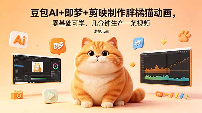 （18431期）豆包AI+即梦+剪映制作胖橘猫动画，零基础可学，几分钟生产一条视频，附提示词-小二项目网