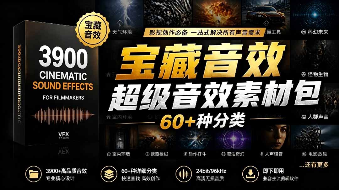 （18660期）宝藏音效合集包！60+多种音效分类，共计3900个，分类清晰，全中文分类，高品质剪辑音效素材包-小二项目网