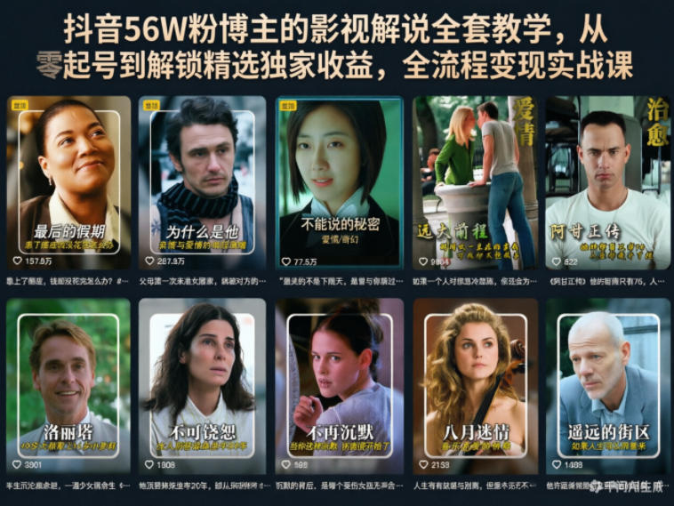 抖音56W粉博主的影视解说全套教学，从零起号到解锁精选独家收益，全流程变现实战课-小二项目网
