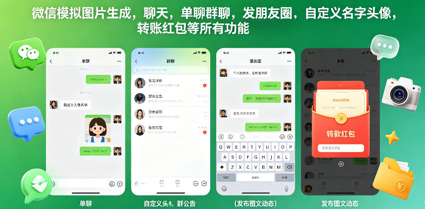 微信模拟图片生成，聊天，单聊群聊，发朋友圈，自定义名字头像，转账红包等所有功能都可以生成-小二项目网