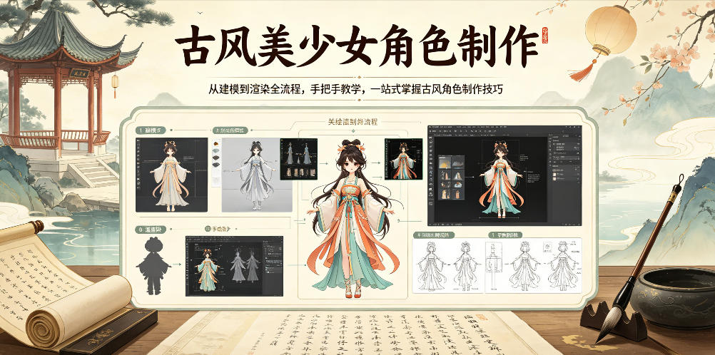 古风美少女角色制作，从建模到渲染全流程，手把手教学，一站式掌握古风角色制作技巧-小二项目网