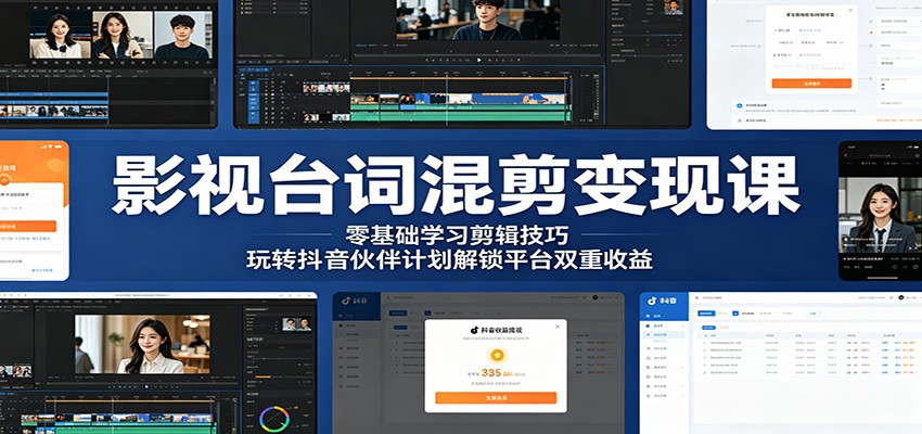 影视台词混剪变现课：零基础学习剪辑技巧，玩转抖音伙伴计划解锁平台双重收益-小二项目网