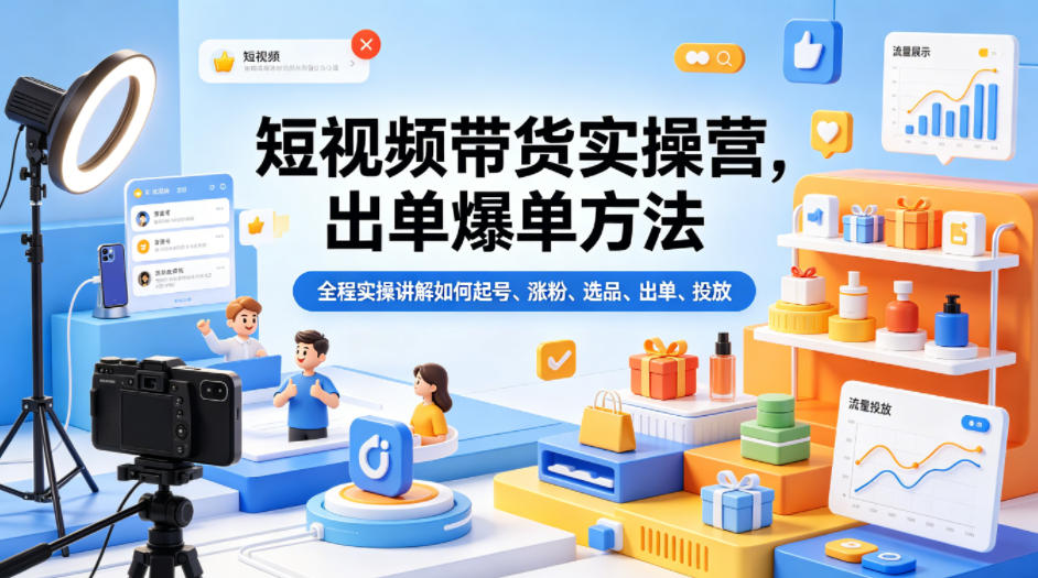 短视频带货实操营，出单爆单方法，全程实操讲解如何起号、涨粉、选品、出单、投放-小二项目网