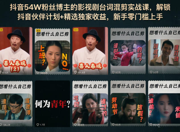 抖音54W粉丝博主的影视剧台词混剪实战课，解锁抖音伙伴计划+精选独家收益，新手零门槛上手-小二项目网