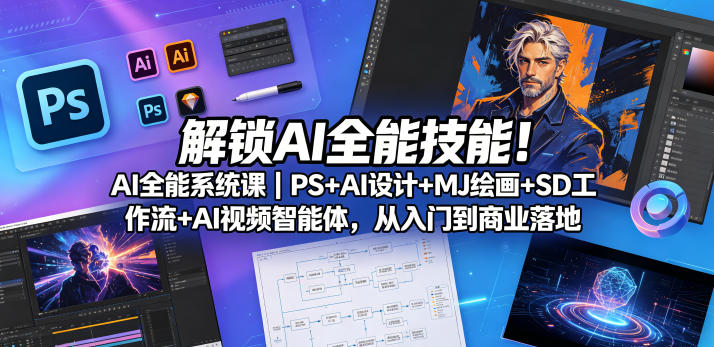 解锁AI全能技能！AI全能系统课｜PS+AI设计+MJ绘画+SD工作流+AI视频智能体，从入门到商业落地-小二项目网