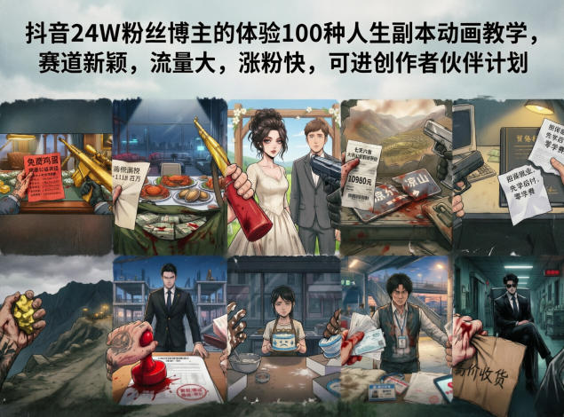 抖音24W粉丝博主的体验100种人生副本动画教学，赛道新颖，流量大，涨粉快，可进创作者伙伴计划-小二项目网