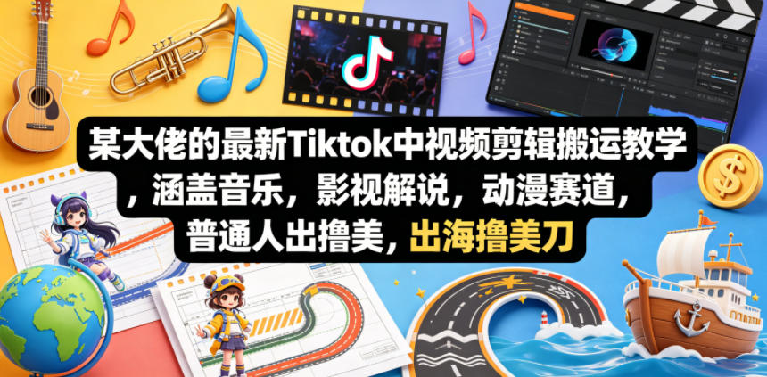 某大佬的最新Tiktok中视频剪辑搬运教学，涵盖音乐，影视解说，动漫赛道，普通人出海撸美刀-小二项目网