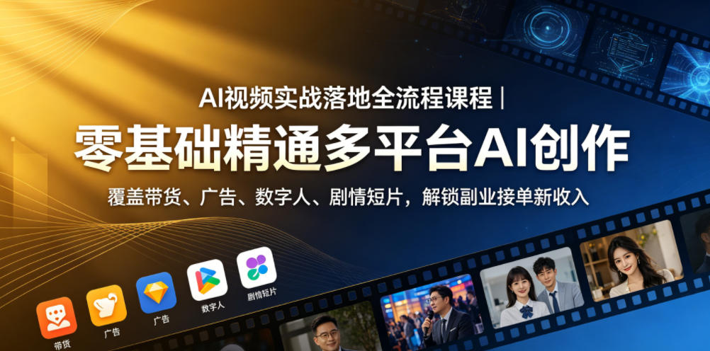 AI视频实战落地全流程课程｜零基础精通多平台AI创作，覆盖带货、广告、数字人、剧情短片，解锁副业接单新收入-小二项目网