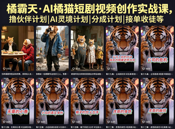 橘霸天·AI橘猫短剧视频创作实战课，撸伙伴计划|AI灵境计划|分成计划|接单收徒等-小二项目网