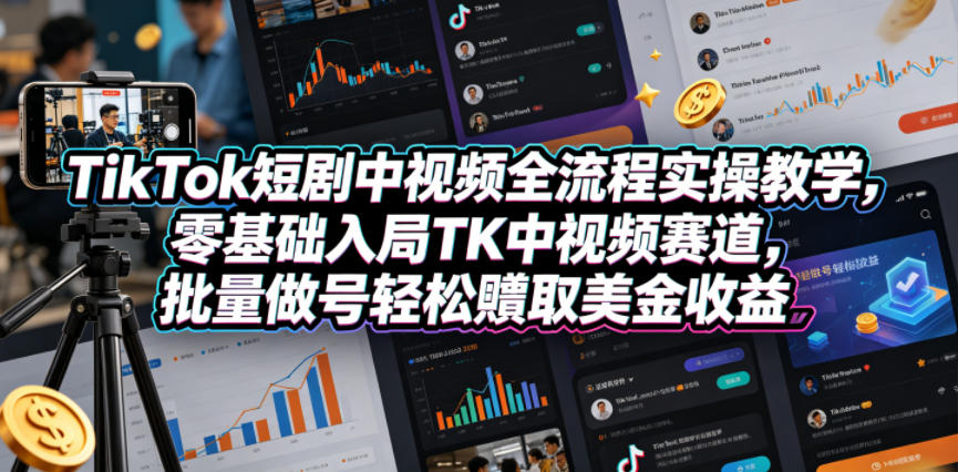 TikTok短剧中视频全流程实操教学，零基础入局TK中视频赛道，批量做号轻松賺取美金收益-小二项目网