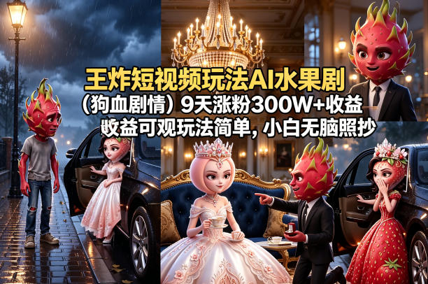 王炸短视频玩法AI水果剧（狗血剧情）9天涨粉300W+收益可观玩法简单，小白无脑照抄，详细拆解玩法-小二项目网