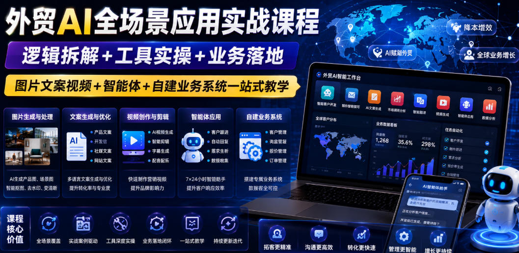 外贸AI全场景应用实战课程｜逻辑拆解+工具实操+业务落地，图片文案视频+智能体+自建业务系统一站式教学-小二项目网