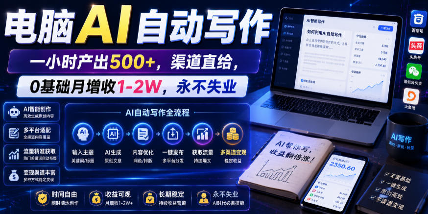 电脑AI自动写作，一小时产出500+，渠道直给，0基础月增收1-2W，永不失业【揭秘】-小二项目网