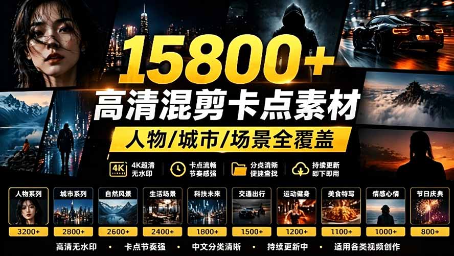 （19120期）【影视剪辑素材合集】15800+高清混剪卡点｜热门影视精彩片段｜人物/城市/场景全覆盖，中文分类清晰-小二项目网