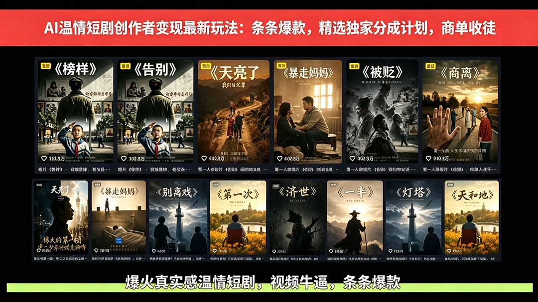 （18748期）AI温情短剧创作者变现最新玩法：视频牛逼，条条爆款，精选独家分成计划，商单收徒-小二项目网