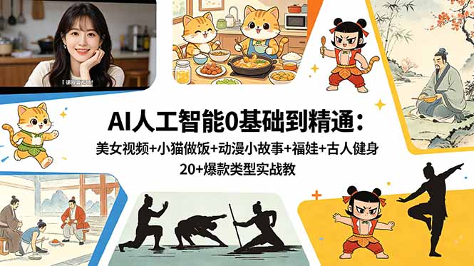 （18685期）AI人工智能0基础到精通：美女视频+小猫做饭+动漫小故事+福娃+古人健身，20+爆款类型实战教学-小二项目网
