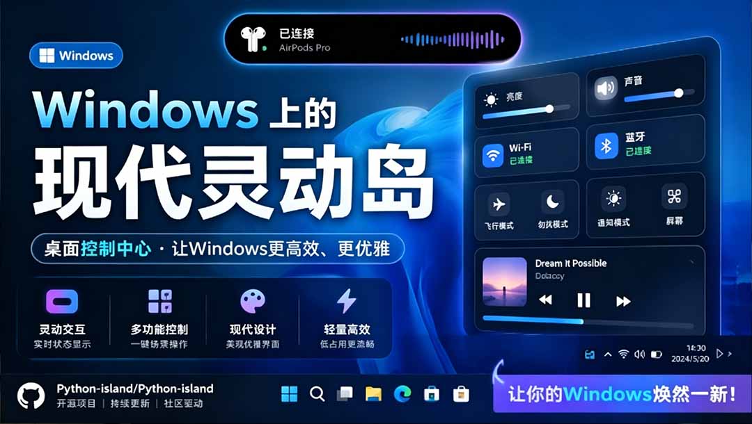 （19104期）Windows也能拥有桌面灵动岛！现代化的系统控制中心，让你的电脑多个黑刘海，PyIsland-小二项目网