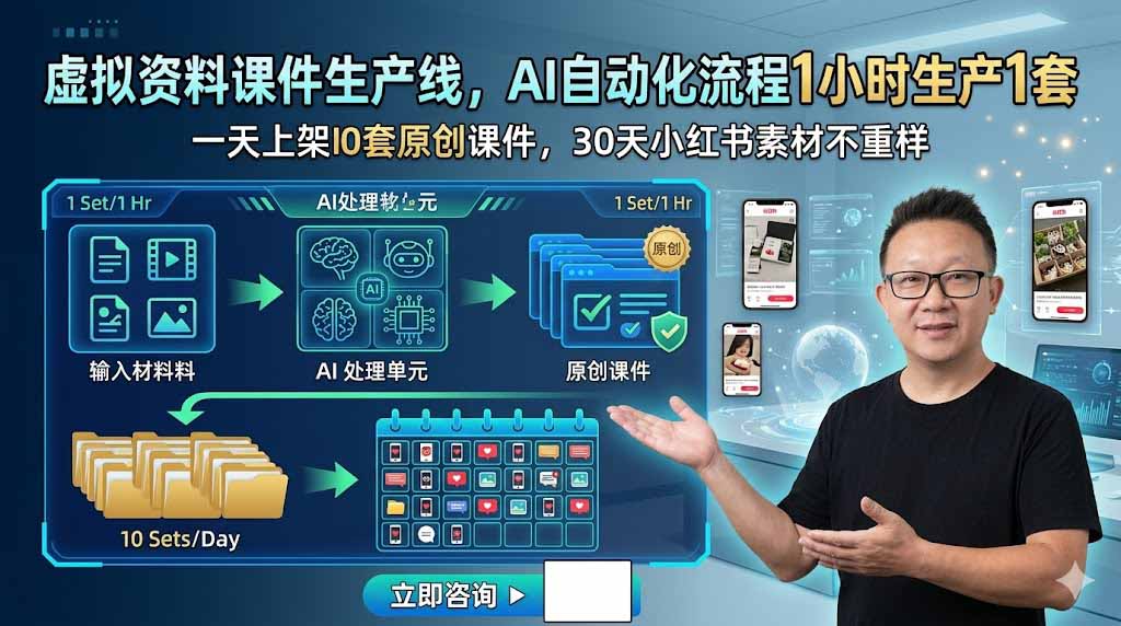 （19091期）虚拟资料课件生产线，AI自动化流程1小时生产1套，一天上架10套原创课件，30天小红书素材不重样-小二项目网