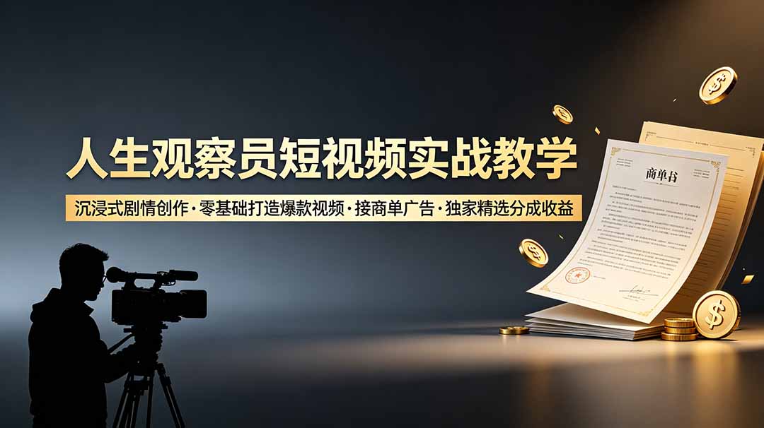 （19113期）人生观察员短视频实战教学，沉浸式剧情创作，零基础打造爆款视频，接商单广告，独家精选分成收益-小二项目网