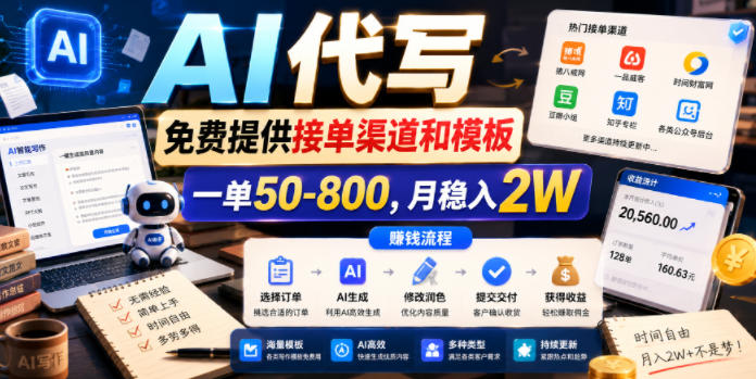 AI代写，免费提供接单渠道和模板，一单50-800，月稳入2W【揭秘】-小二项目网